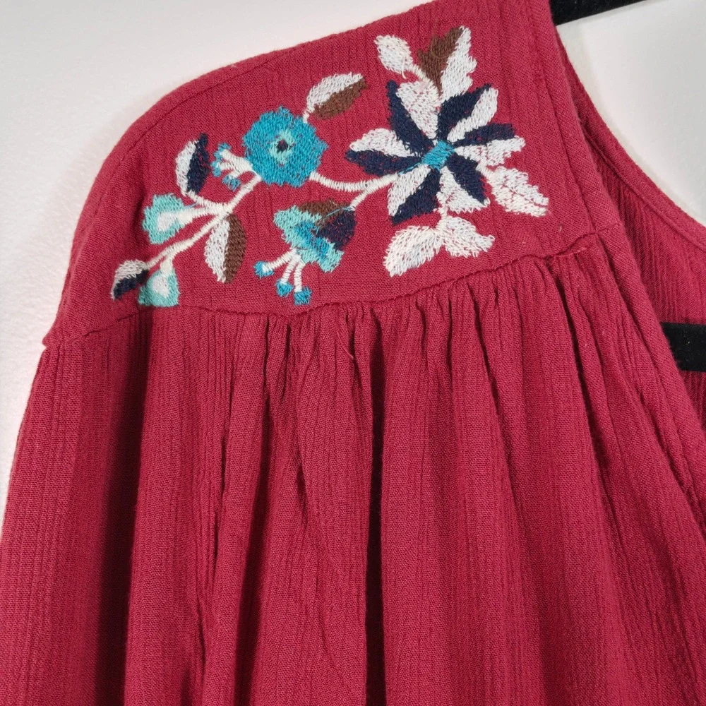 Free People Te Amo Red Embroidered Bell Sleeve Dress Women Size M Boho Hippie